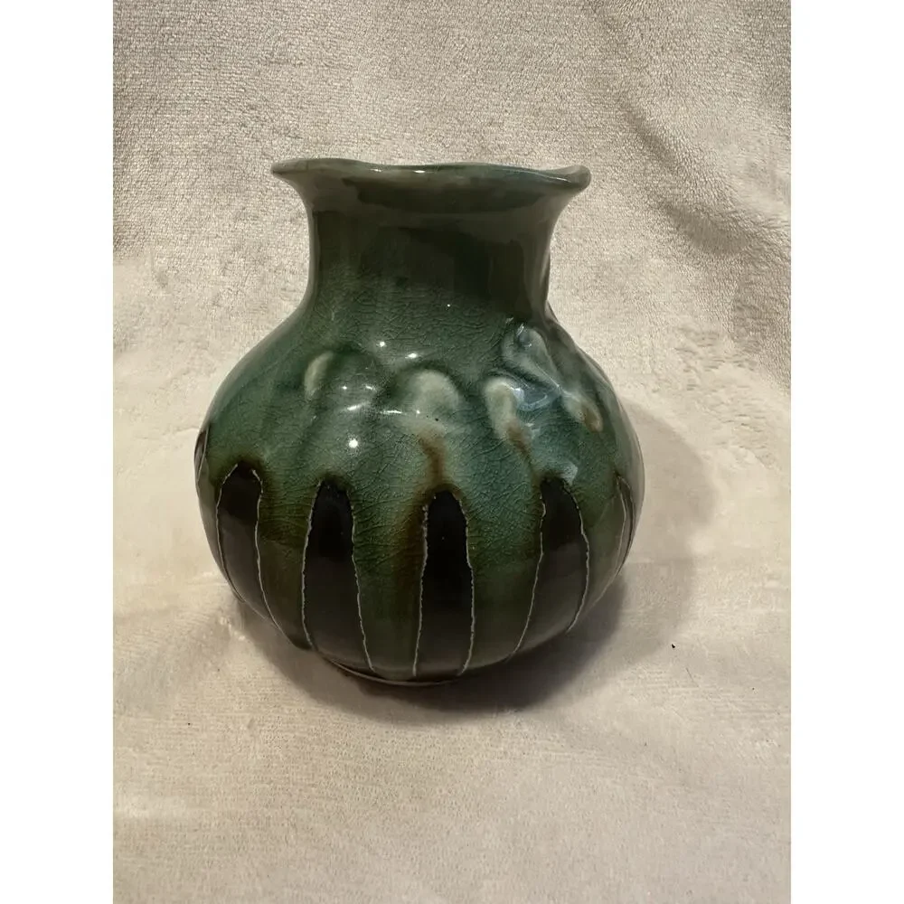 Handcrafted pottery vase green Brown crackle dripping glaze Decor Boho Retro